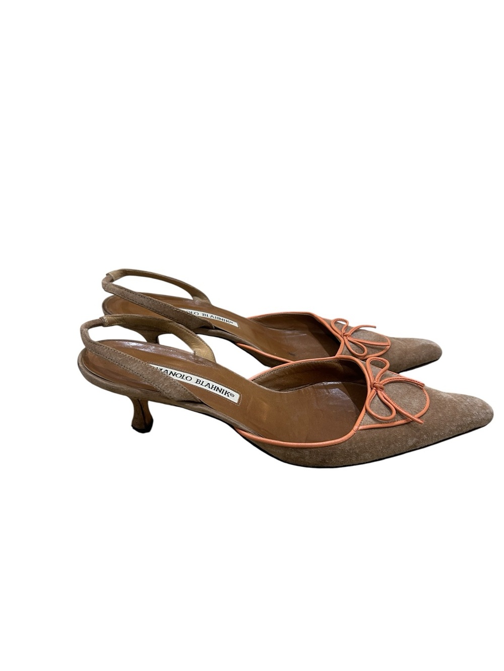 Manolo Blahnik Tan Suede Slingback Pumps with Coral Trim Bow size EU39